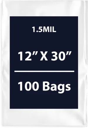Multiple Sizes Clear Flat Poly Bags, 1.5Mil 12" X 30" & 100 Bags | Low-Density Polyethylene (LDPE), Flat Open Top Plastic Packaging Packing | Flexible and Durable Plastic Bags
