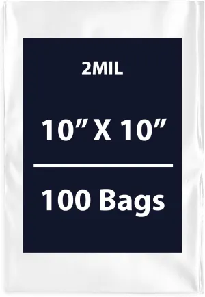Multiple Sizes Clear Flat Poly Bags, 2Mil 10" X 10" & 100 Bags | Low-Density Polyethylene (LDPE), Flat Open Top Plastic Packaging Packing | Flexible and Durable Plastic Bags
