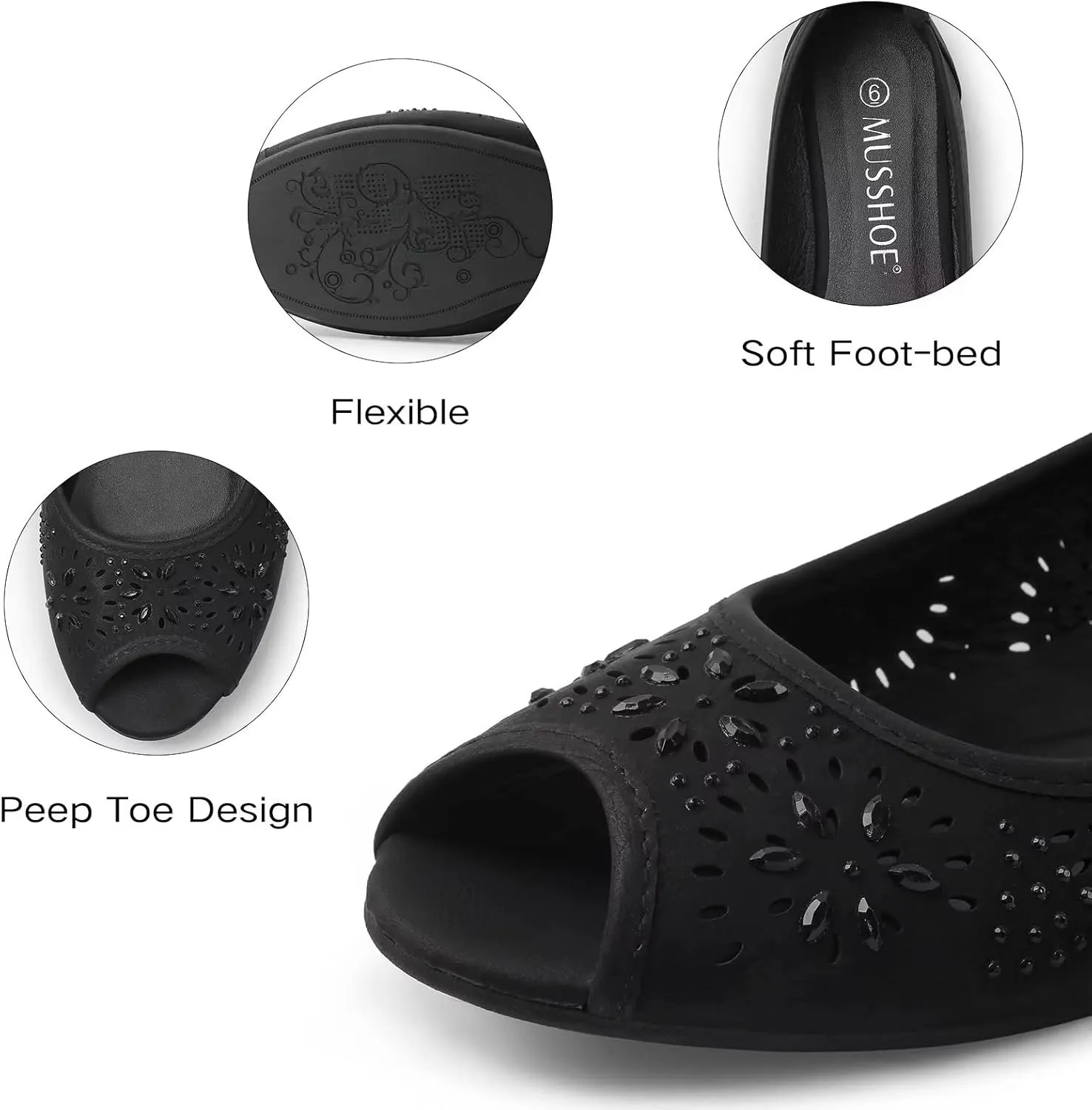 MUSSHOE Peep Toe Flat Shoes for Women