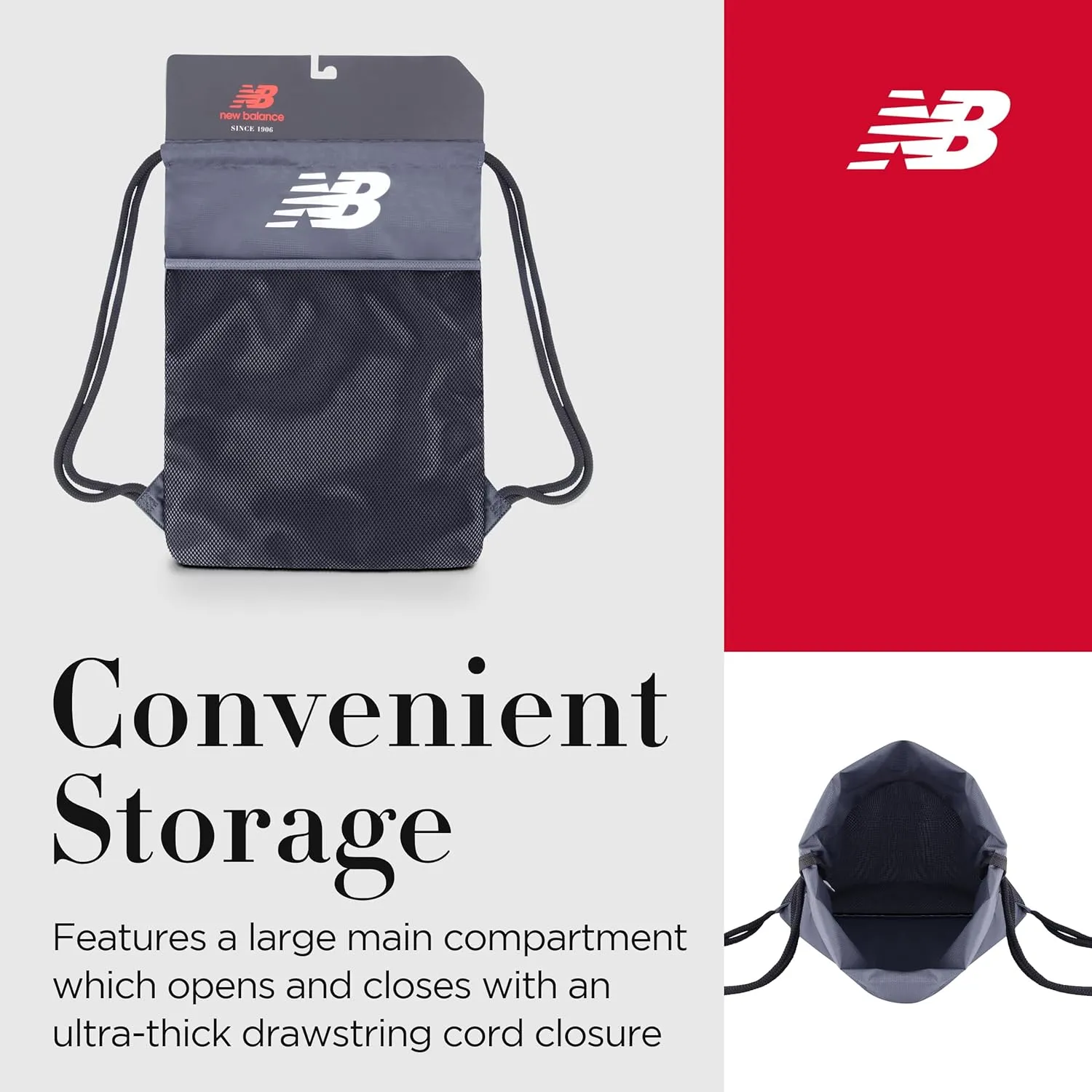 New Balance Drawstring Backpack, Sports Cinch Gym Bag with Shoe Compartment, Grey, 17.5 Inch