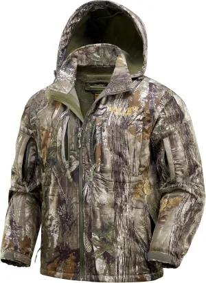NEW VIEW Camo Hunting Jackets for Men, Warm Fleece Lined Hunting Jacket with Hood, Quiet Water Resistant Hunting Clothes