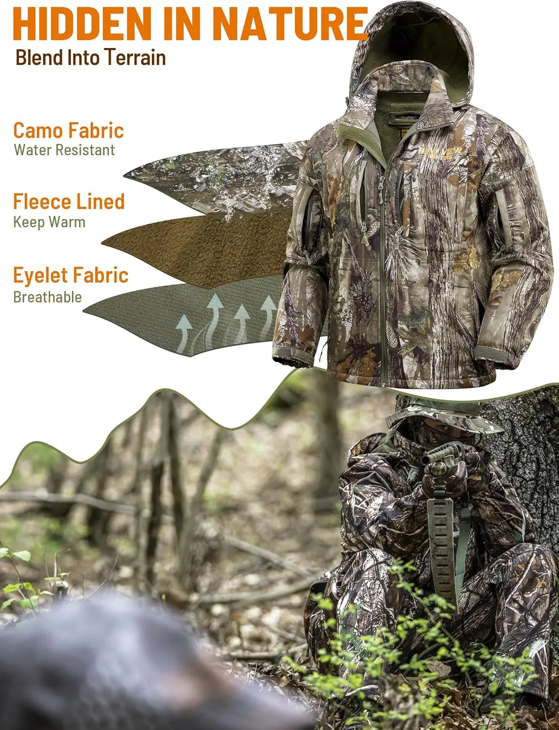 NEW VIEW Camo Hunting Jackets for Men, Warm Fleece Lined Hunting Jacket with Hood, Quiet Water Resistant Hunting Clothes