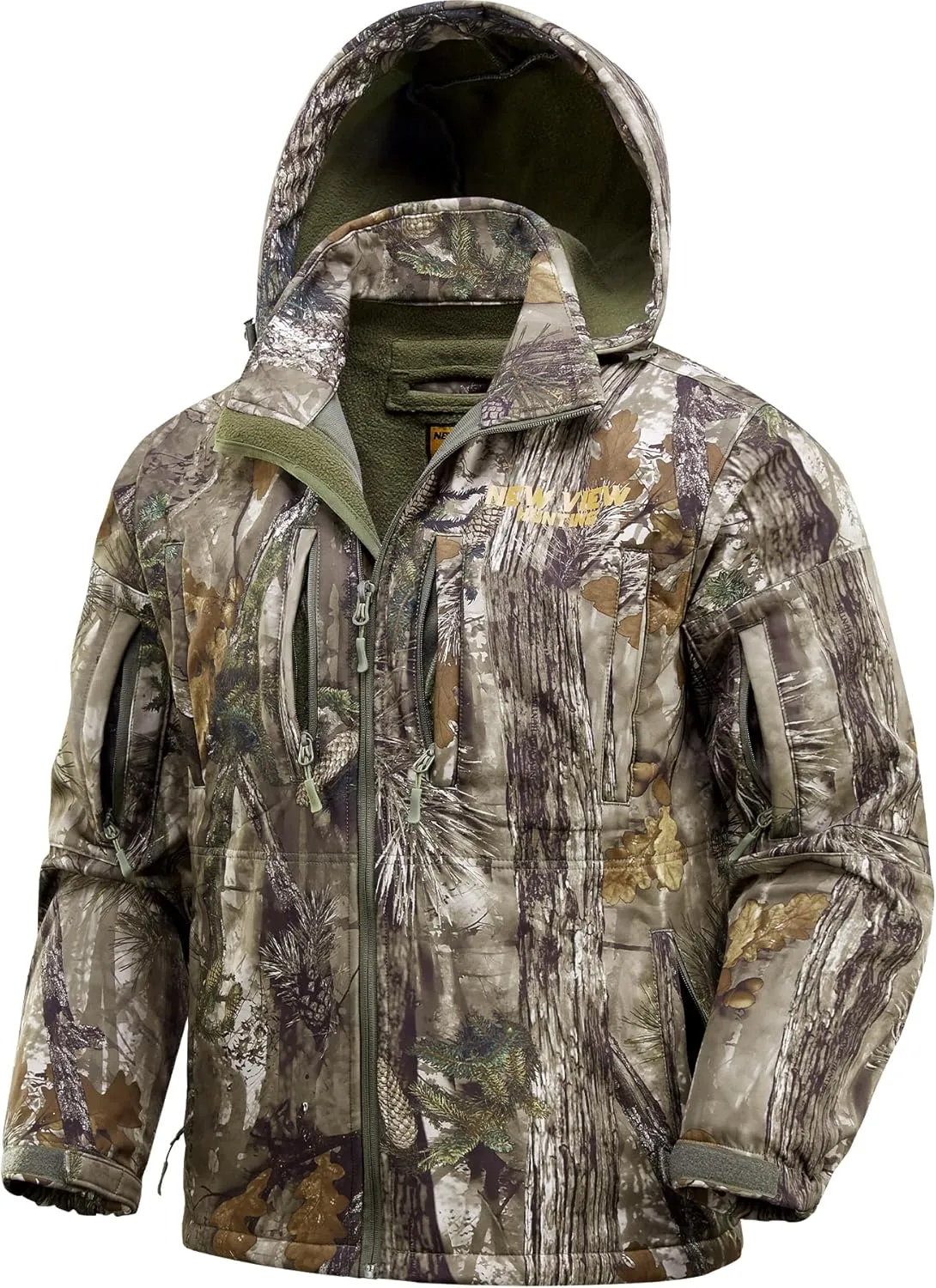 NEW VIEW Camo Hunting Jackets for Men, Warm Fleece Lined Hunting Jacket with Hood, Quiet Water Resistant Hunting Clothes