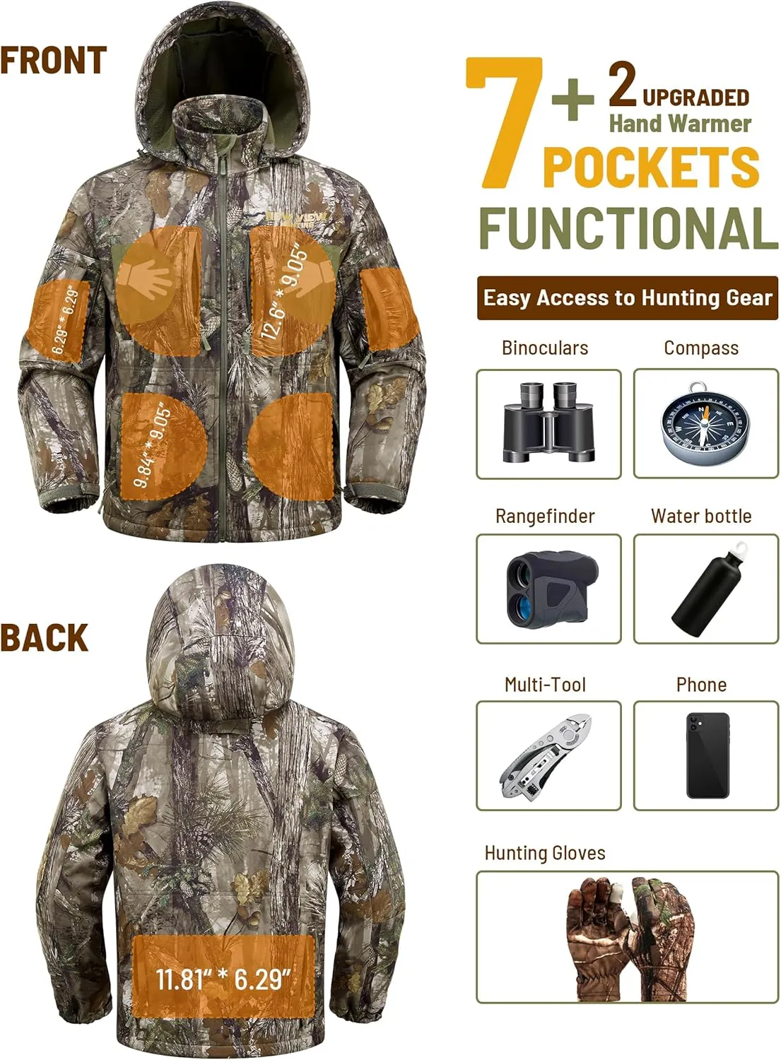 NEW VIEW Camo Hunting Jackets for Men, Warm Fleece Lined Hunting Jacket with Hood, Quiet Water Resistant Hunting Clothes