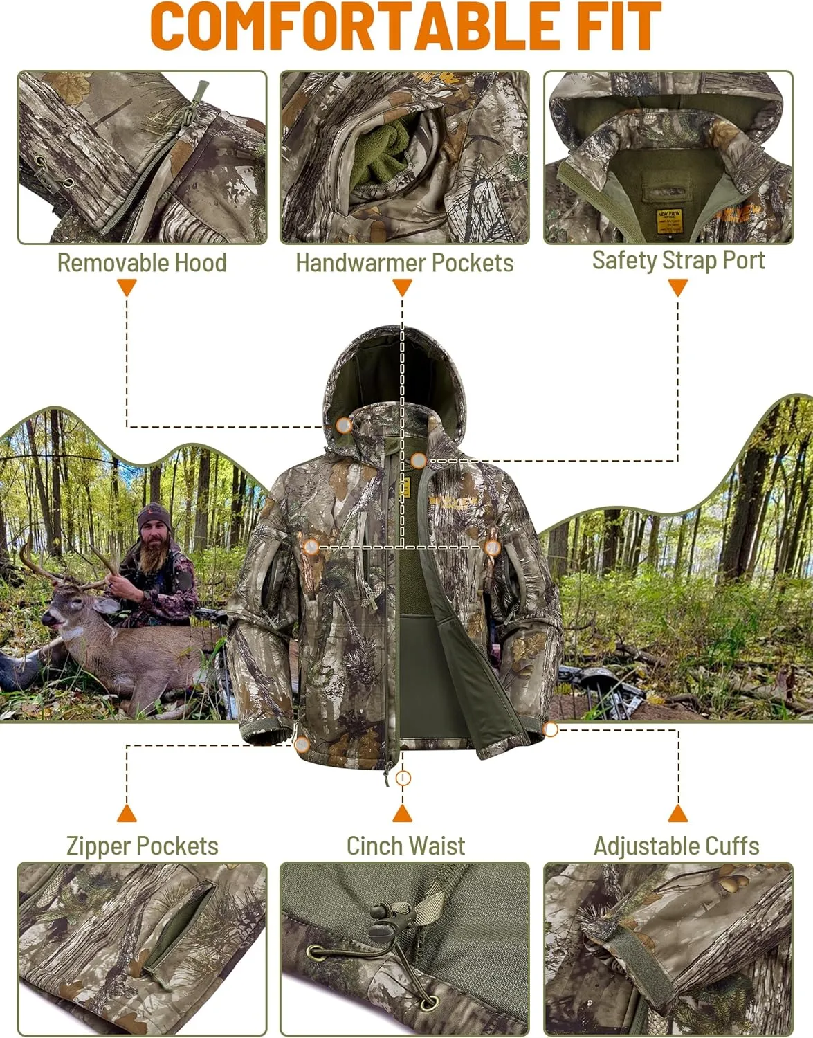 NEW VIEW Camo Hunting Jackets for Men, Warm Fleece Lined Hunting Jacket with Hood, Quiet Water Resistant Hunting Clothes