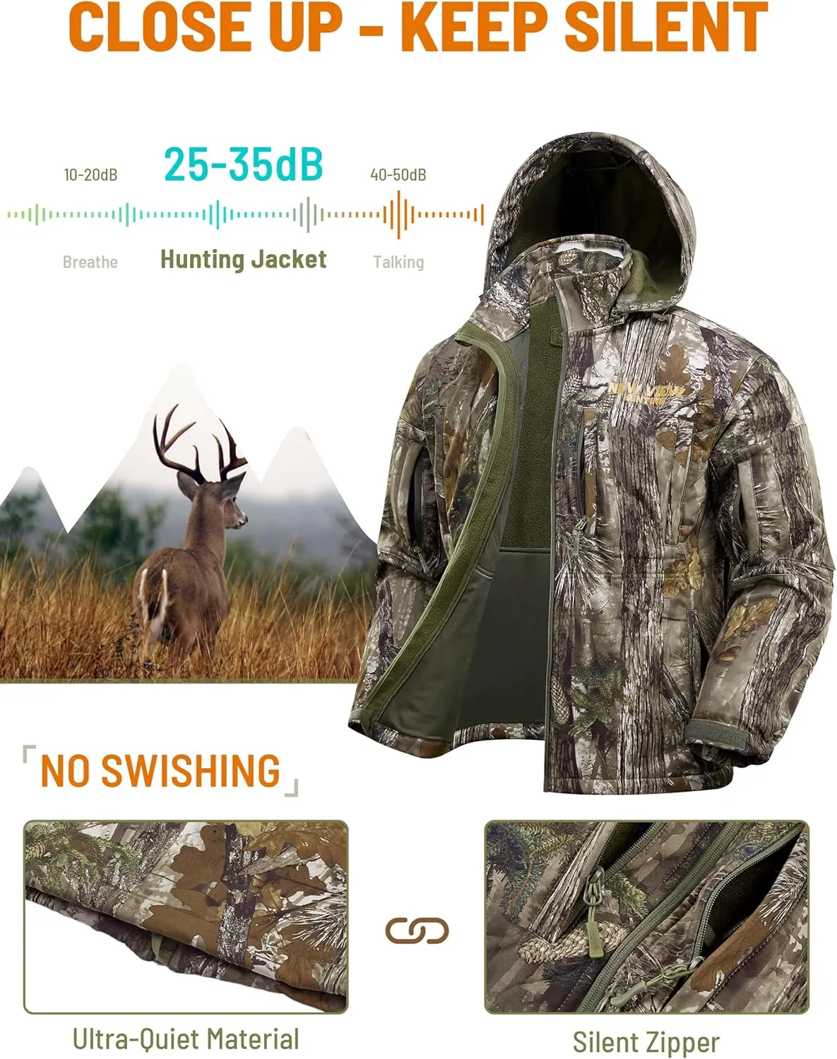 NEW VIEW Camo Hunting Jackets for Men, Warm Fleece Lined Hunting Jacket with Hood, Quiet Water Resistant Hunting Clothes