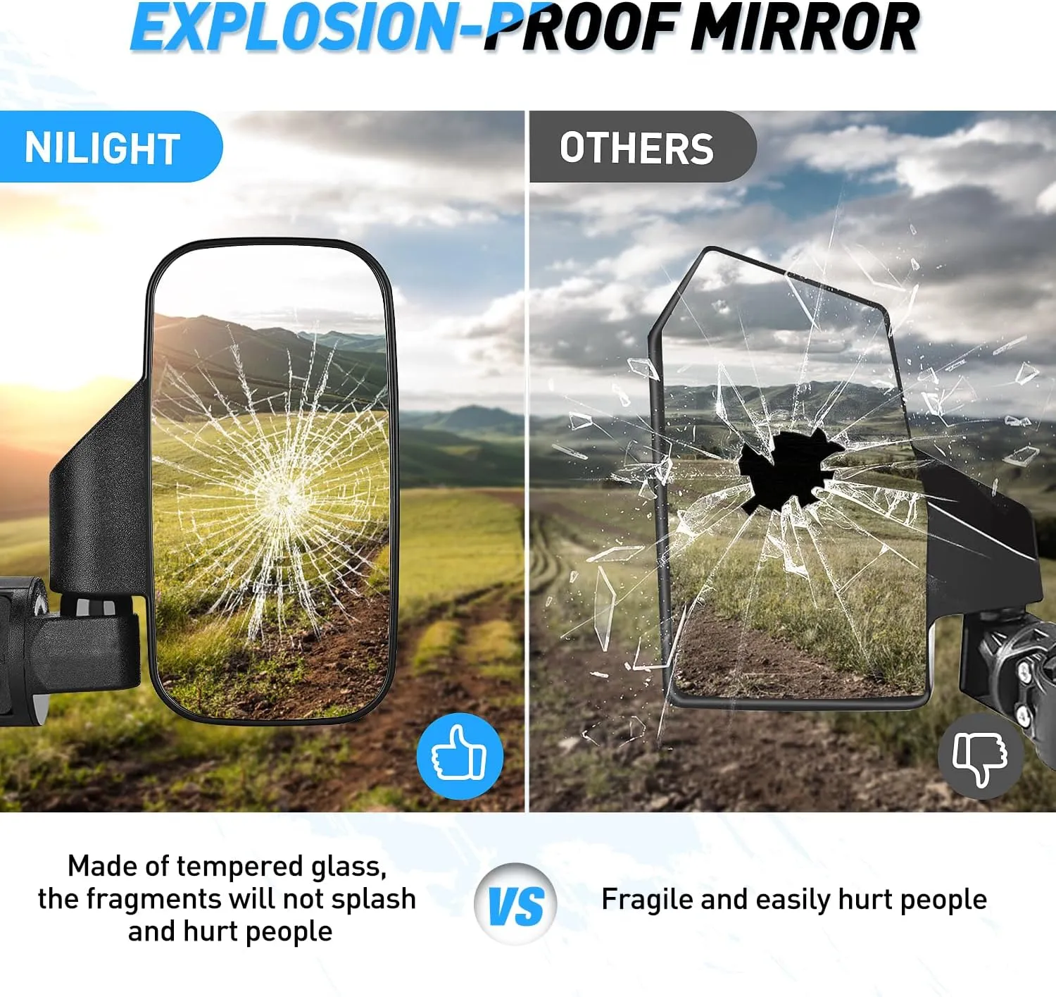 Nilight UTV Side Mirrors Offroad Rear View Mirror Universal Fits 1.6-2 inch Round Roll Cage Bar for RZR Ranger Maverick X3 Commander Pioneer Mule Teryx Yxz 1000 Rhino Krx Talon