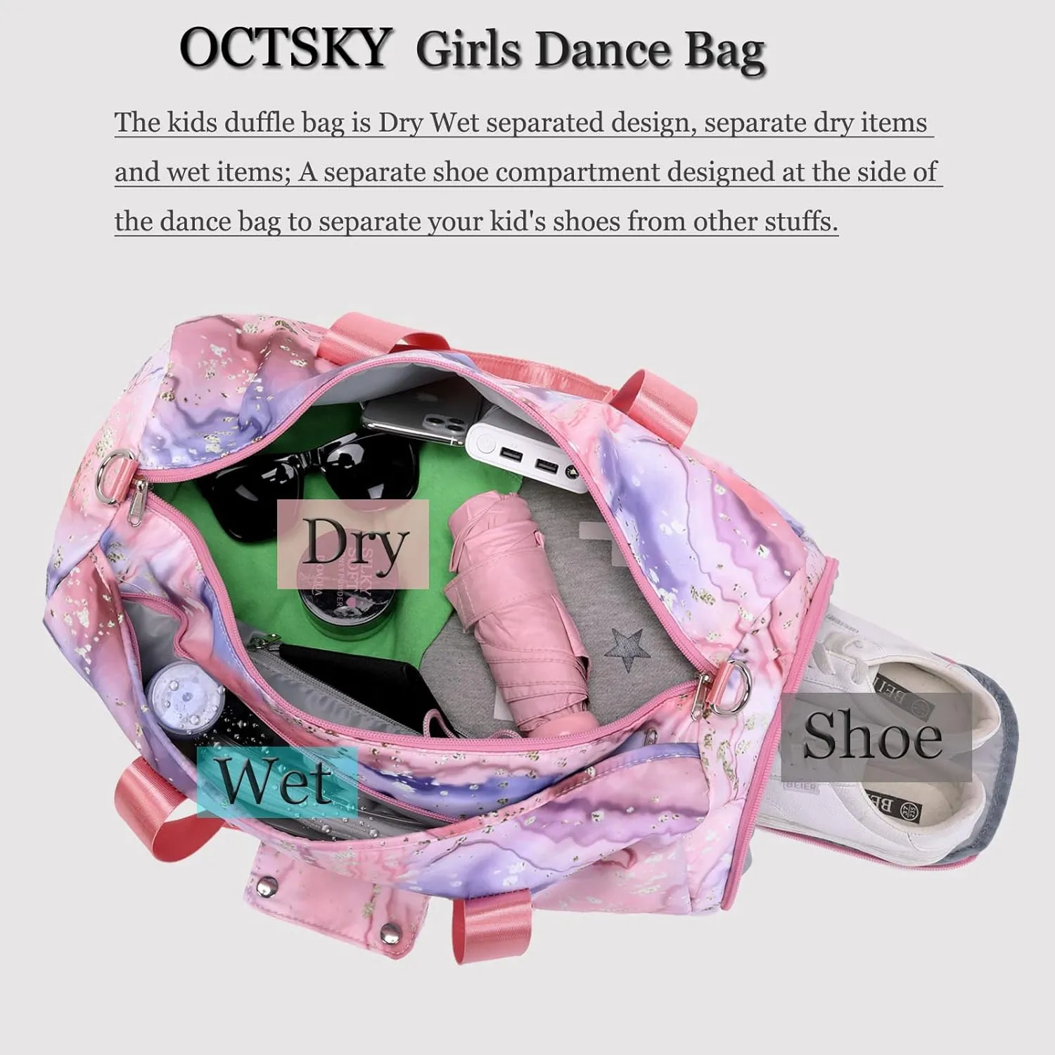 Octsky Sports Gym Bag Teens Dance Bag Gymnastics Bag Women Weekender Bag with Shoe Compartment and Wet Pocket