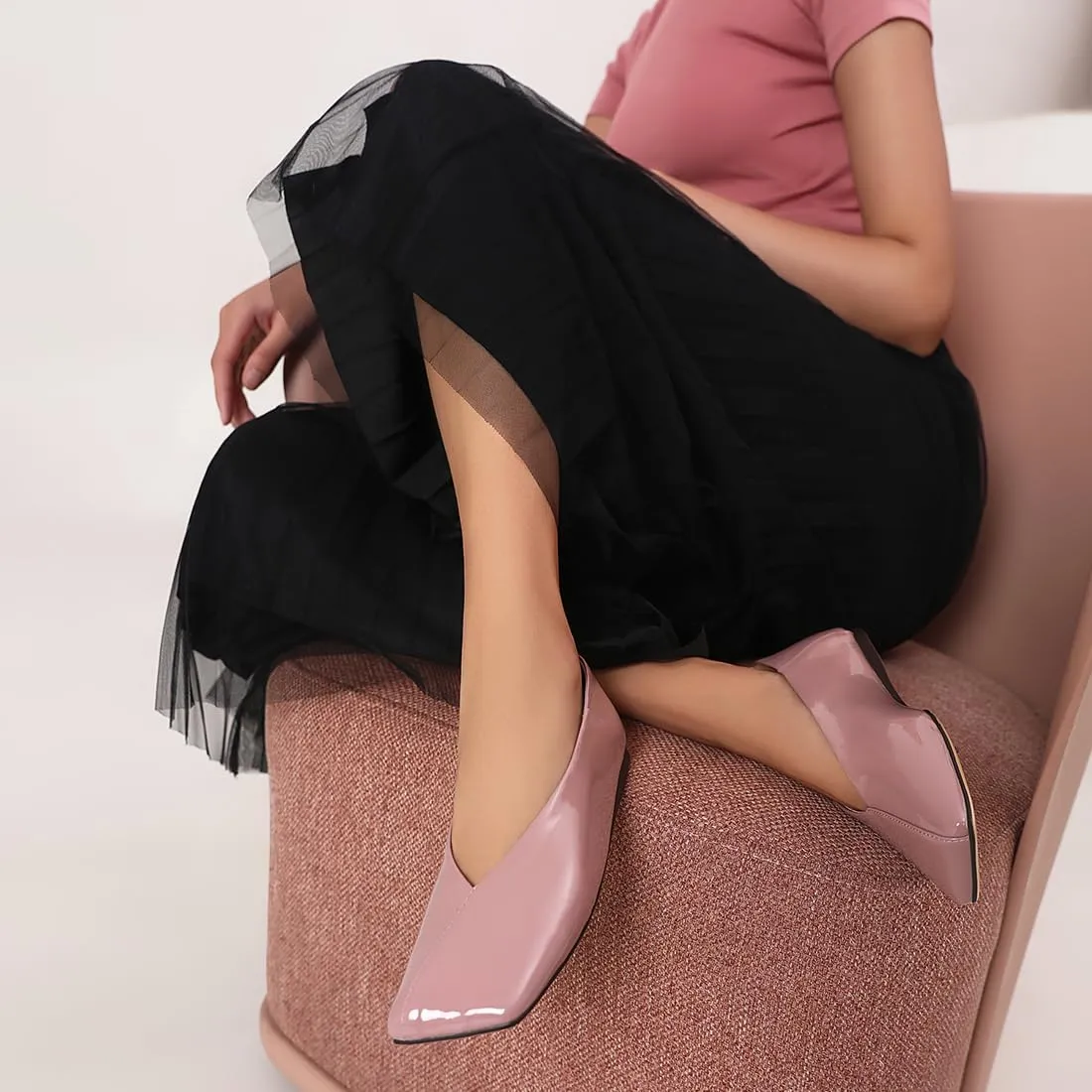 Patent Leather Ballet Flats for Women Fashionable Square Toe Ballet Flats Loafer Shoes for Women Nude Dress Shoes.