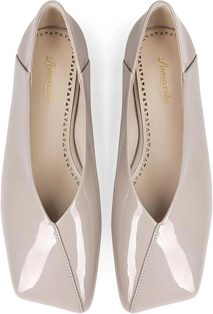 Patent Leather Ballet Flats for Women Fashionable Square Toe Ballet Flats Loafer Shoes for Women Nude Dress Shoes.