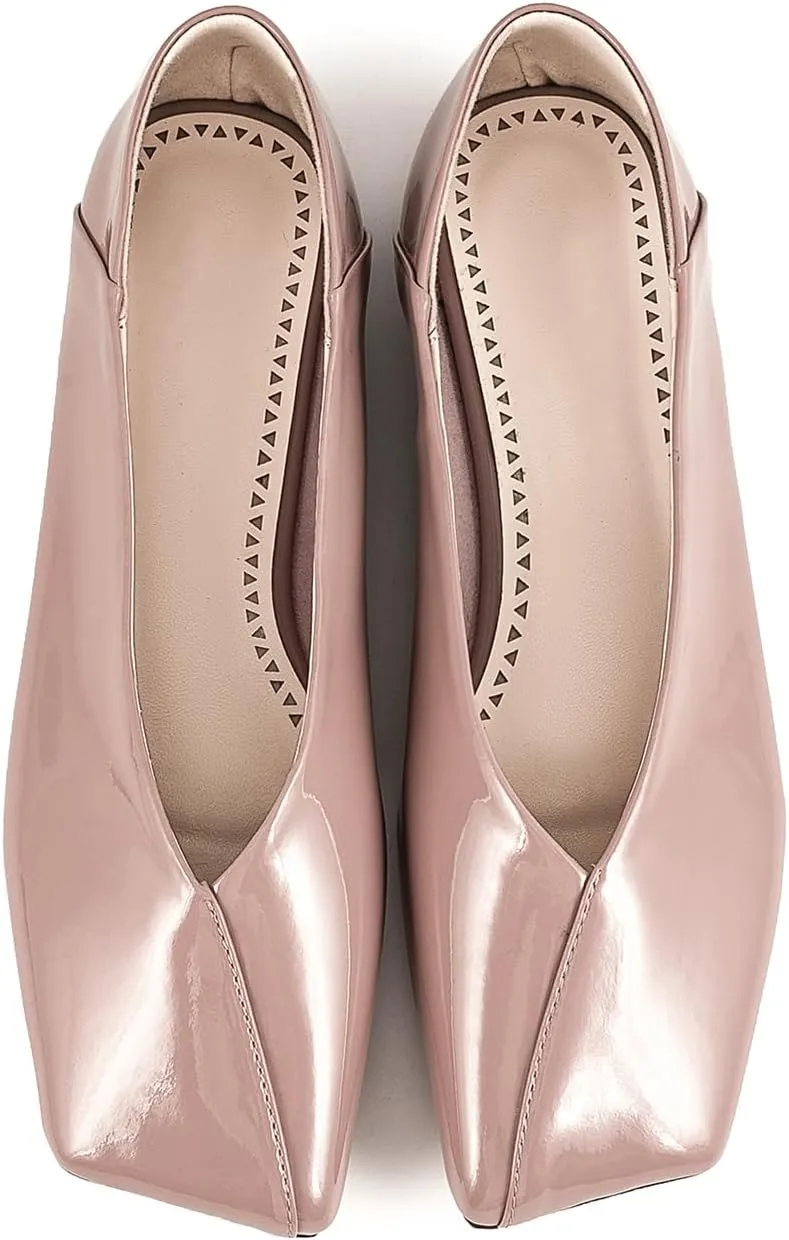 Patent Leather Ballet Flats for Women Fashionable Square Toe Ballet Flats Loafer Shoes for Women Nude Dress Shoes.