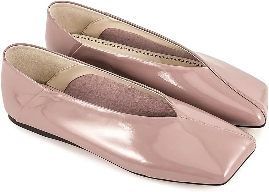 Patent Leather Ballet Flats for Women Fashionable Square Toe Ballet Flats Loafer Shoes for Women Nude Dress Shoes.