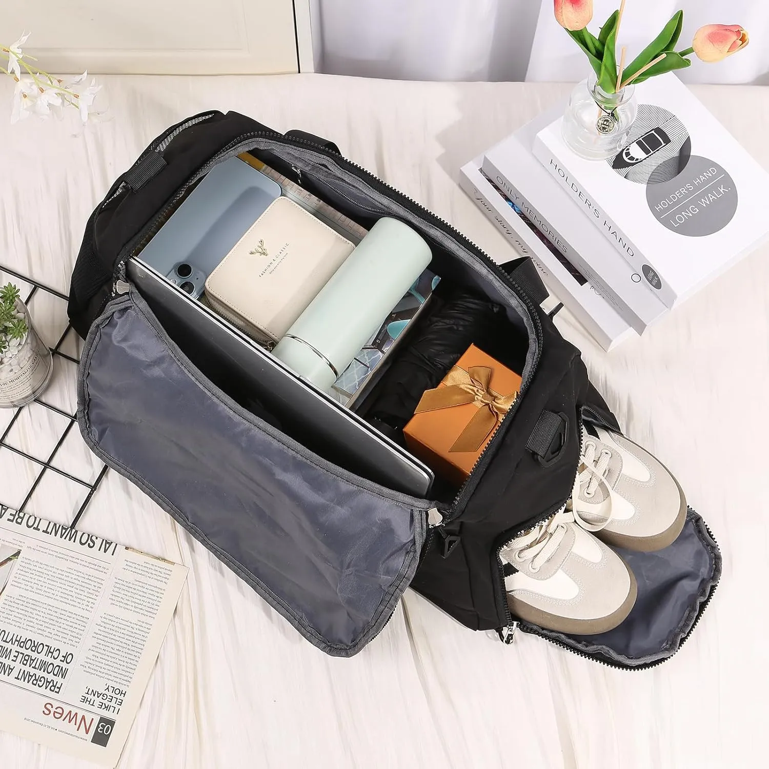 Personalized Duffel Bag Custom Sport Gym Travel Bags Embroidered Name Text Customized Dry Wet Separated Weekend Waterproof Bag for Women Men (A-Black)
