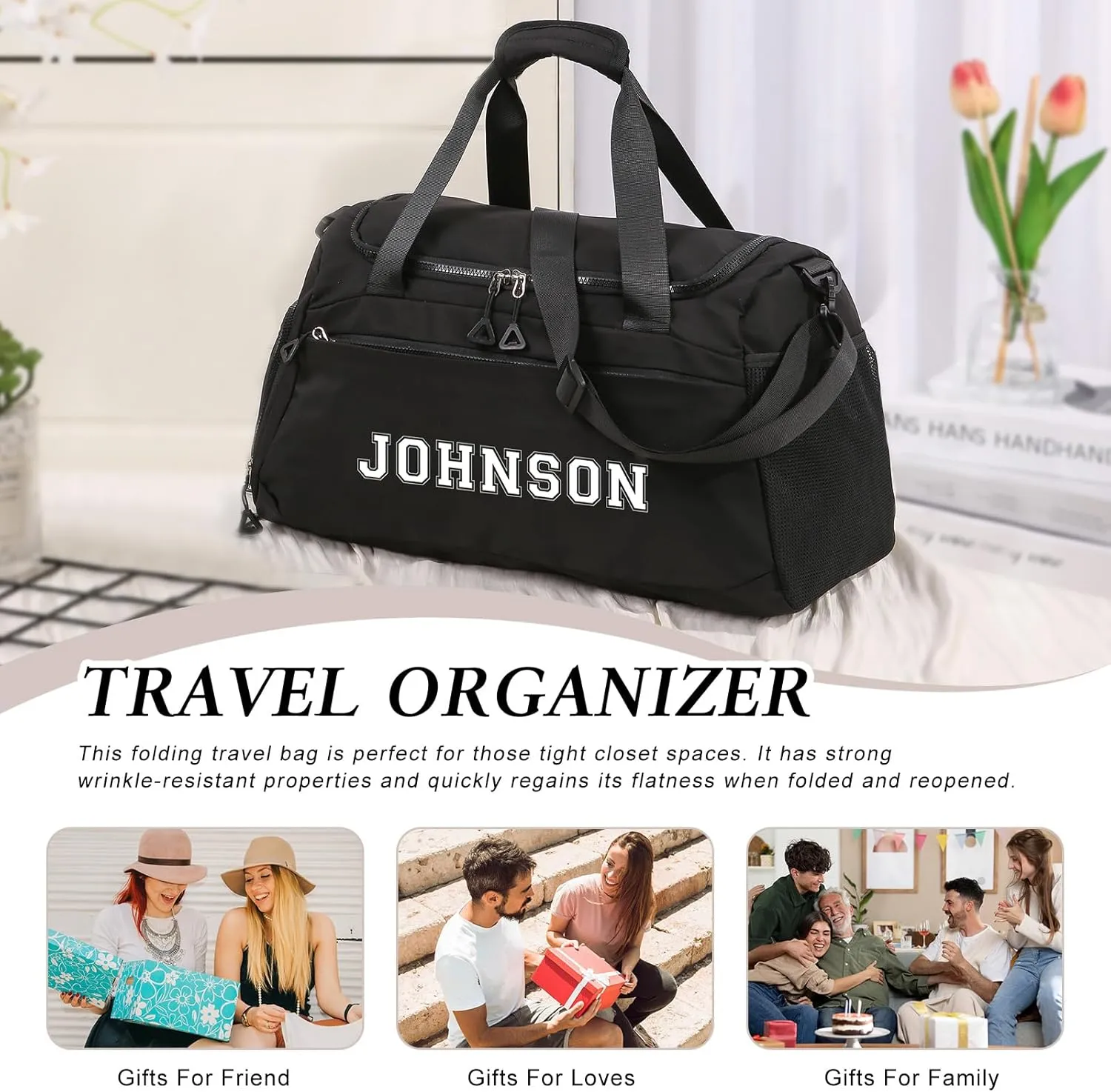 Personalized Duffel Bag Custom Sport Gym Travel Bags Embroidered Name Text Customized Dry Wet Separated Weekend Waterproof Bag for Women Men (A-Black)