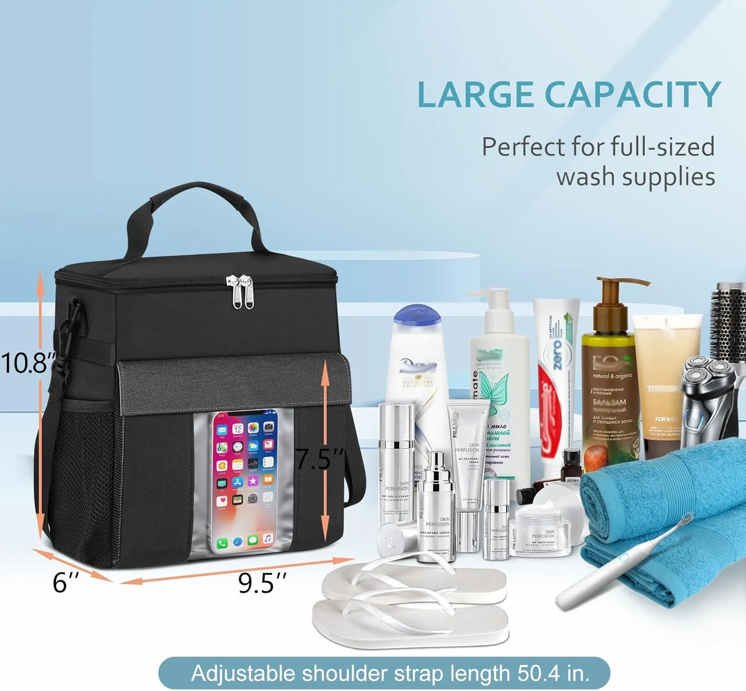 Portable Shower Caddy Tote Bag, Large Quick Dry Mesh Hanging Shower Organizer Toiletry Bag with Wet & Dry Shoes Compartment for College Dorm Gym Swimming Camping Travel, Black