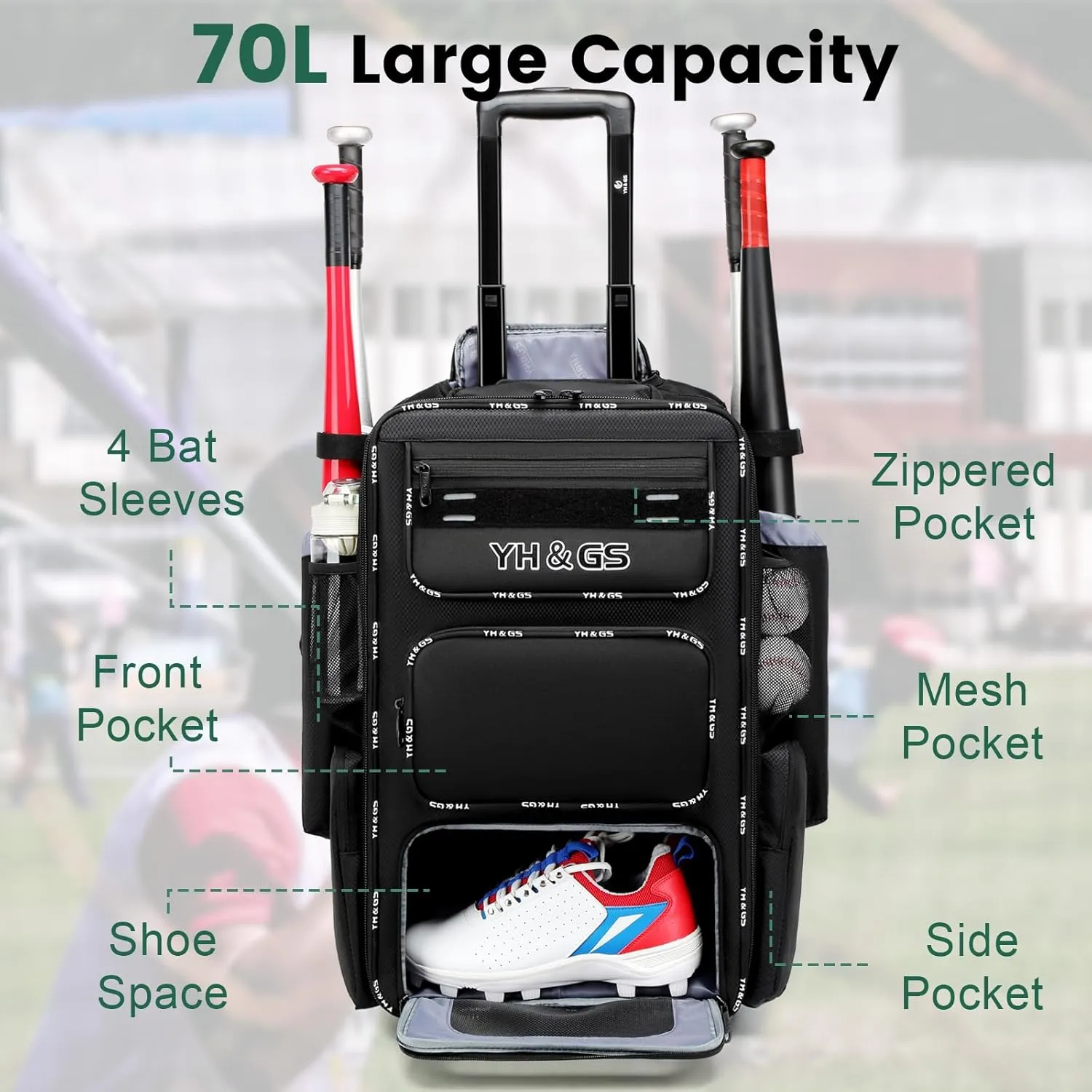 Rolling Baseball Bag,Wheeled Softball Bag with Fence Hook for TBall Bat & Equipment,Lightweight Baseball Bat Bag with Shoe Compartment
