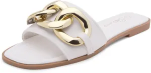Shoe Land Women's Flat Sandals - Square Open Toe Single Band Fashion Slides with Metal Chain Dressy 2025 Trendy | Comfortable Slippers with Cushioned Footbed for Summer