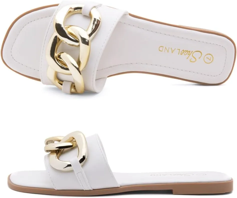 Shoe Land Women's Flat Sandals - Square Open Toe Single Band Fashion Slides with Metal Chain Dressy 2025 Trendy | Comfortable Slippers with Cushioned Footbed for Summer