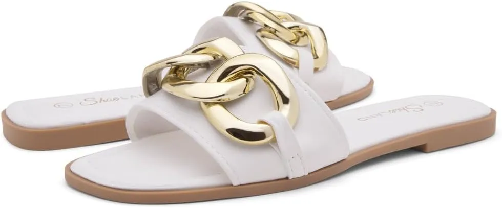 Shoe Land Women's Flat Sandals - Square Open Toe Single Band Fashion Slides with Metal Chain Dressy 2025 Trendy | Comfortable Slippers with Cushioned Footbed for Summer