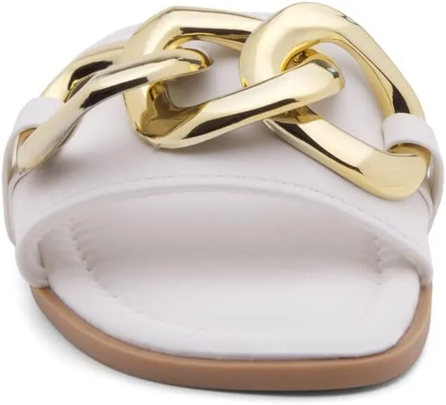 Shoe Land Women's Flat Sandals - Square Open Toe Single Band Fashion Slides with Metal Chain Dressy 2025 Trendy | Comfortable Slippers with Cushioned Footbed for Summer