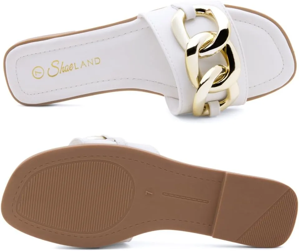 Shoe Land Women's Flat Sandals - Square Open Toe Single Band Fashion Slides with Metal Chain Dressy 2025 Trendy | Comfortable Slippers with Cushioned Footbed for Summer