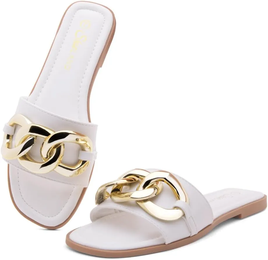 Shoe Land Women's Flat Sandals - Square Open Toe Single Band Fashion Slides with Metal Chain Dressy 2025 Trendy | Comfortable Slippers with Cushioned Footbed for Summer