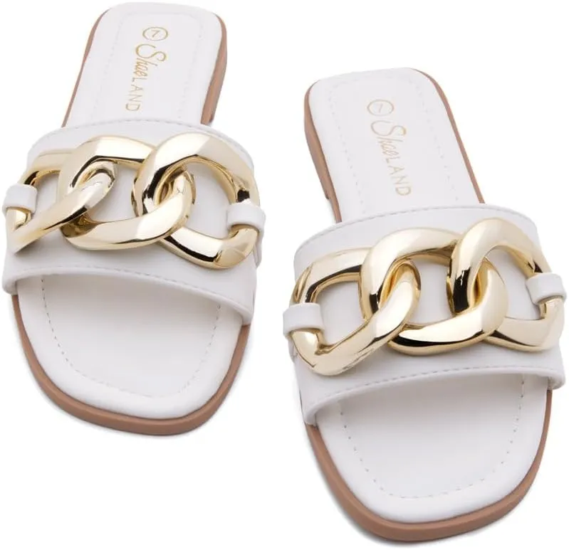 Shoe Land Women's Flat Sandals - Square Open Toe Single Band Fashion Slides with Metal Chain Dressy 2025 Trendy | Comfortable Slippers with Cushioned Footbed for Summer