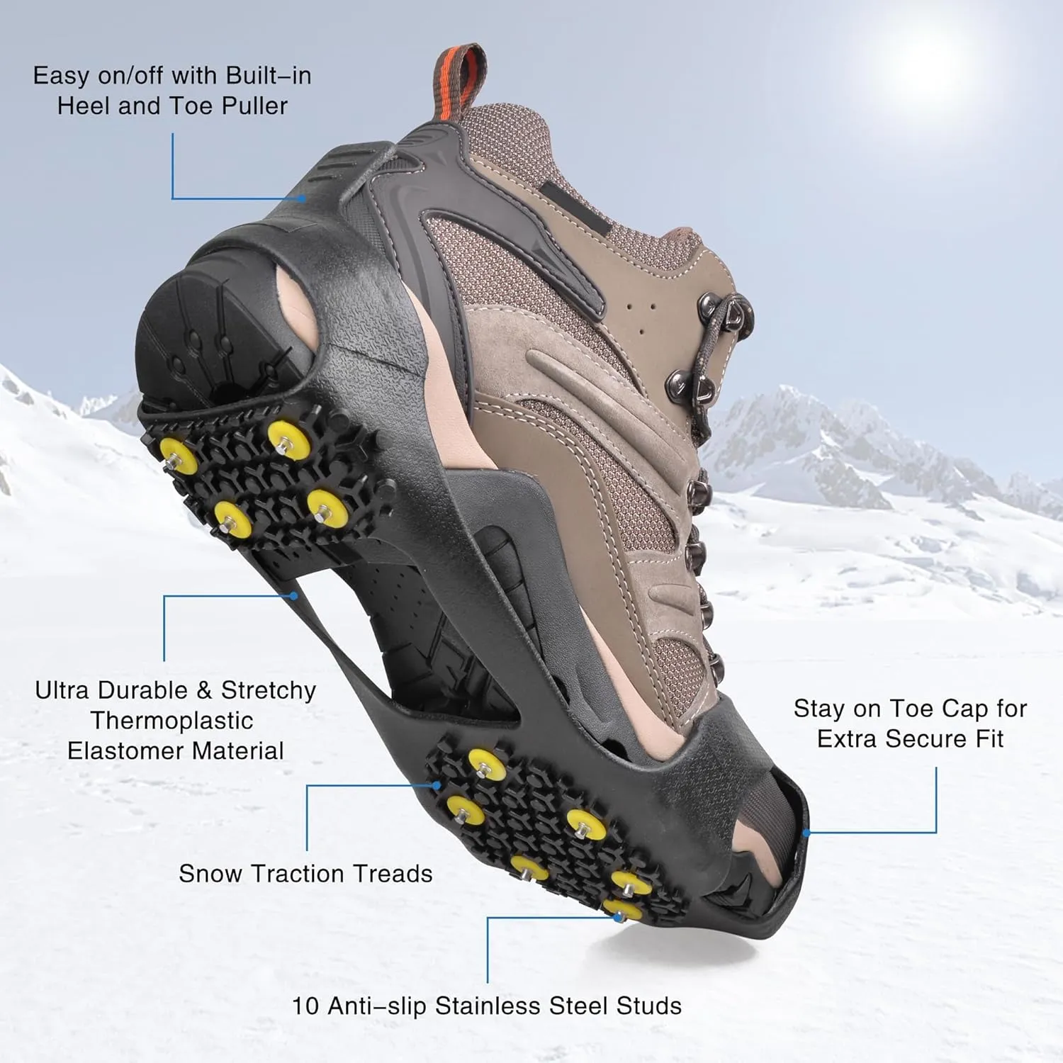 Snow Cleats for Shoes Boots Non Slip Overshoes for Walking on Snow and Ice Rubber Crampons with 10-Stud Ice Rubber Cleats Slip-on Stretch Footwear for Kid Women Men