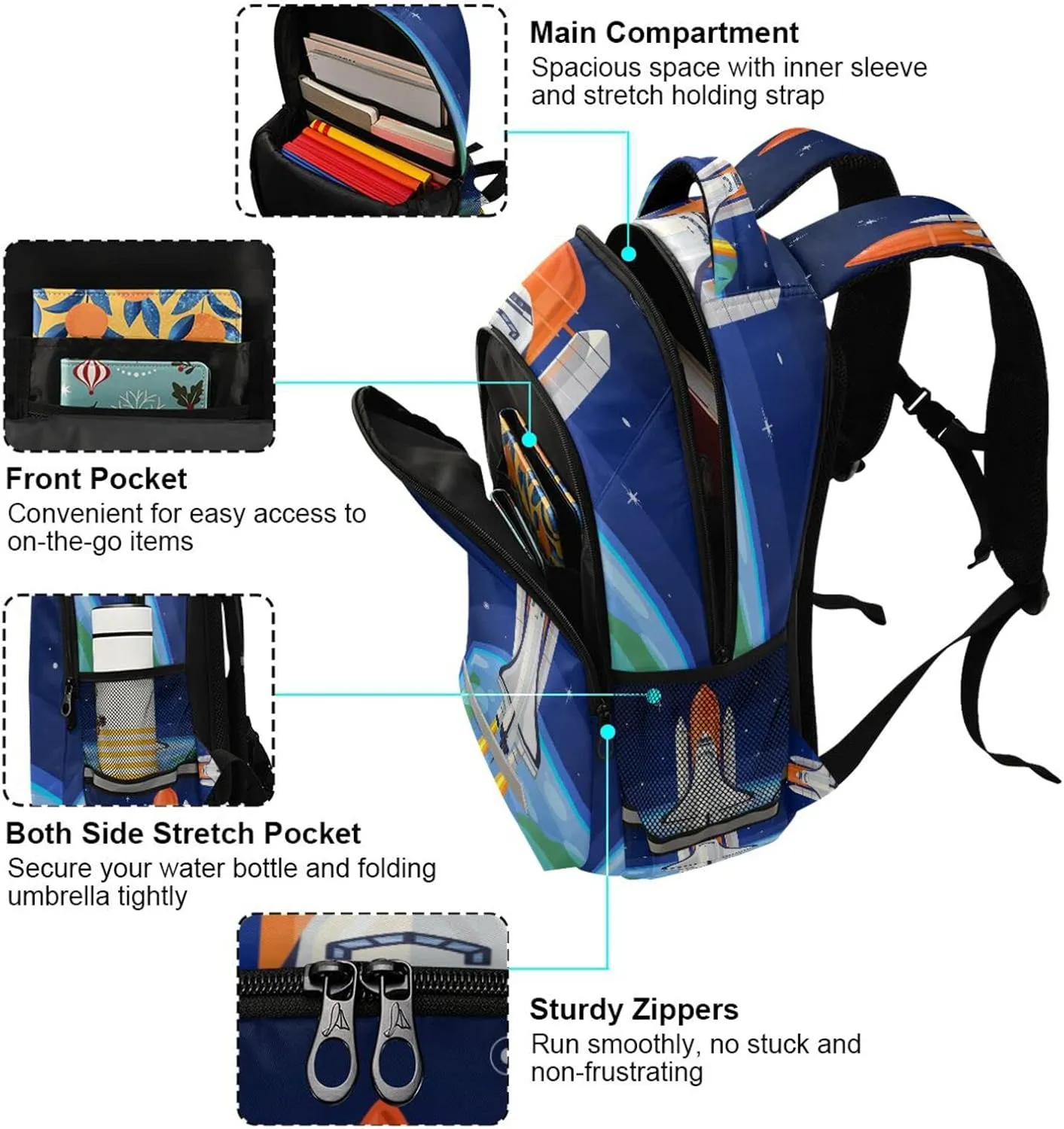 Space Rocket Launch Backpack for Girls Kids Boys School Bookbags, Student Laptop Backpack Carrying Bag Casual Lightweight Travel Sports Day Packs