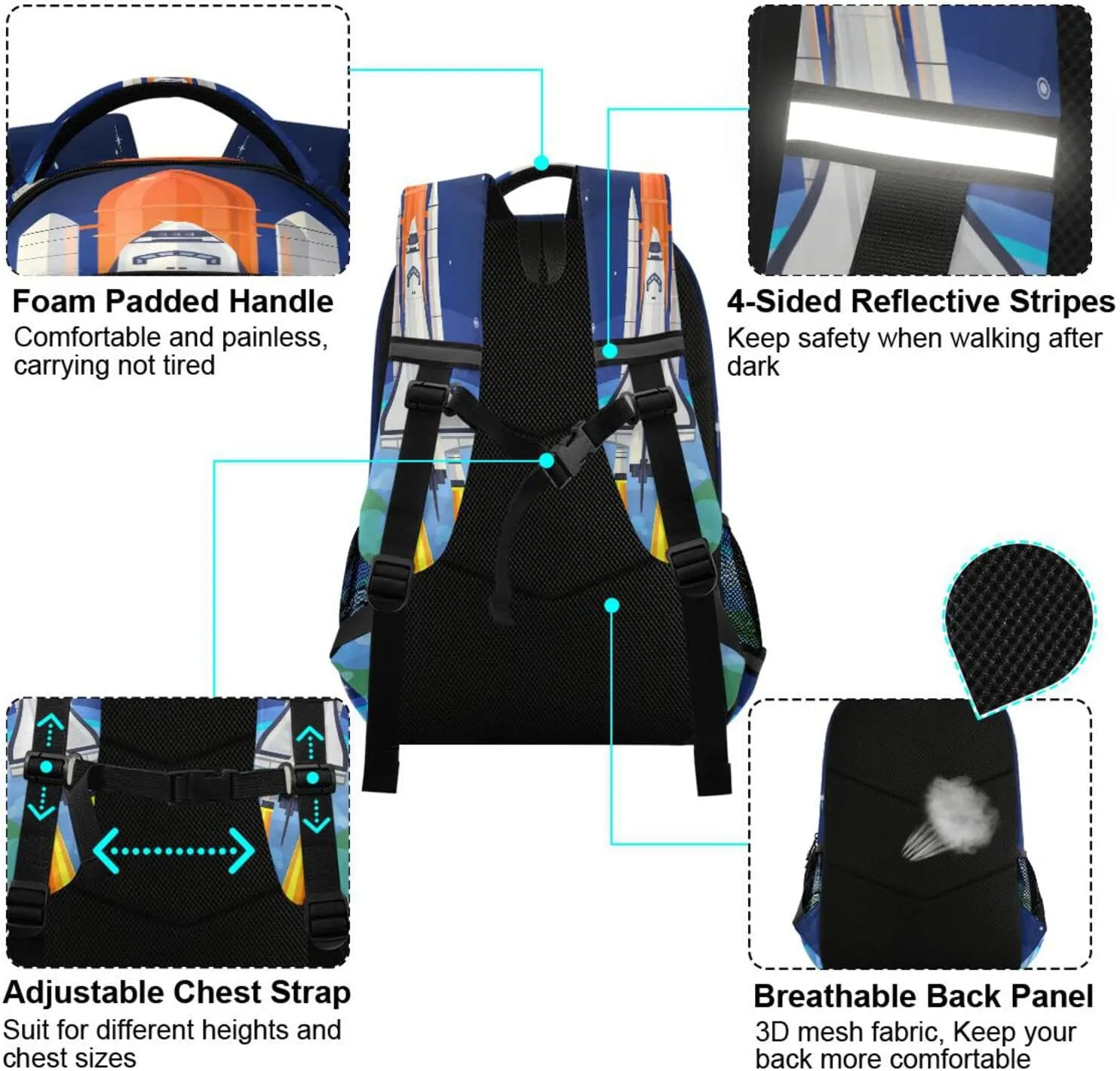 Space Rocket Launch Backpack for Girls Kids Boys School Bookbags, Student Laptop Backpack Carrying Bag Casual Lightweight Travel Sports Day Packs