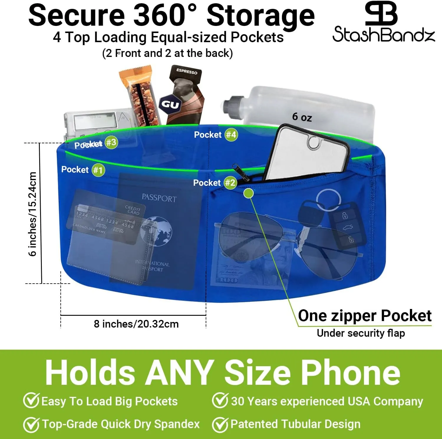 StashBandz Running Belt for Women & Men – Money Belt with 4 Large Secure Pockets (1 Zippered) | Fanny Pack & Phone Holder for Running, Travel, Hiking, and Workouts