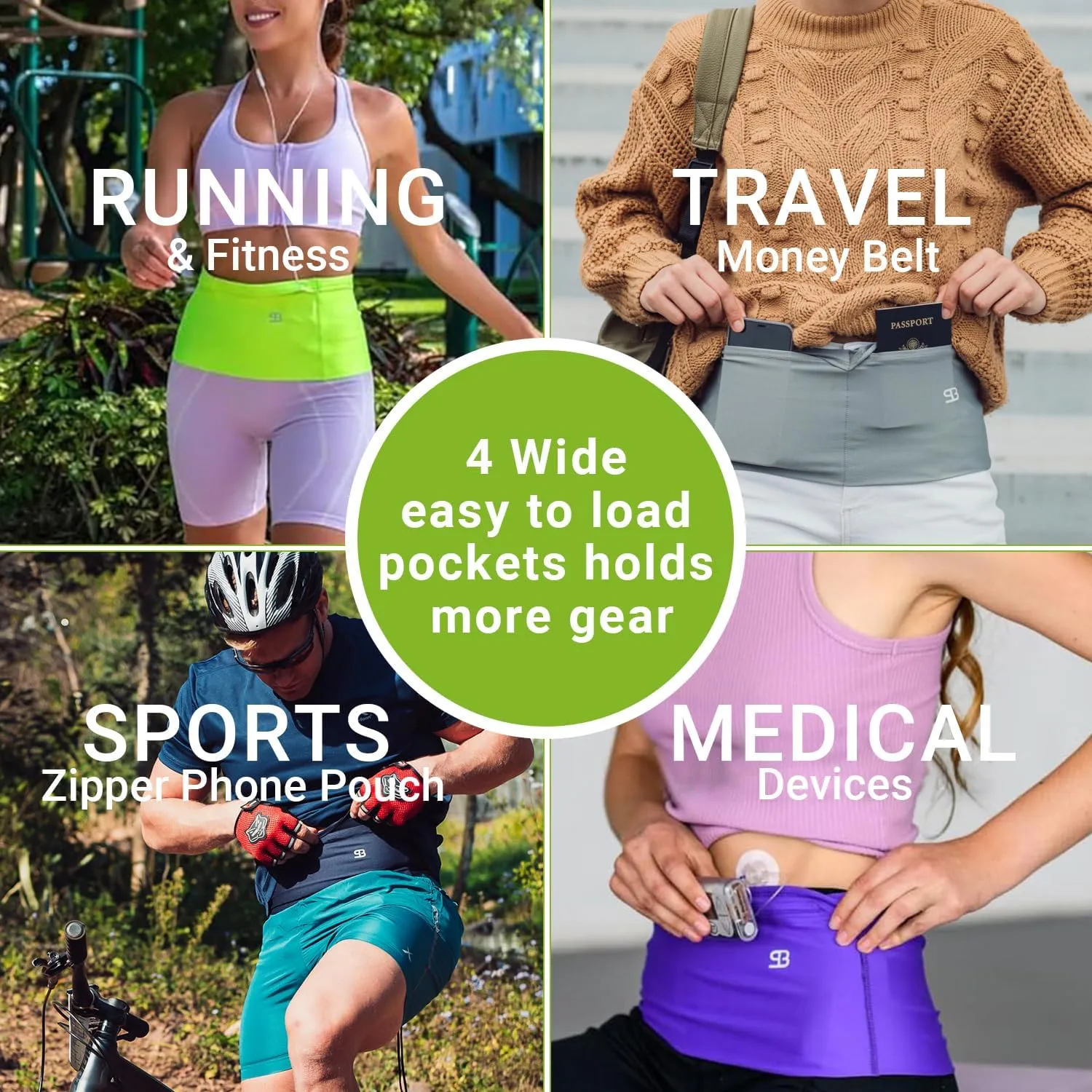 StashBandz Running Belt for Women & Men – Money Belt with 4 Large Secure Pockets (1 Zippered) | Fanny Pack & Phone Holder for Running, Travel, Hiking, and Workouts