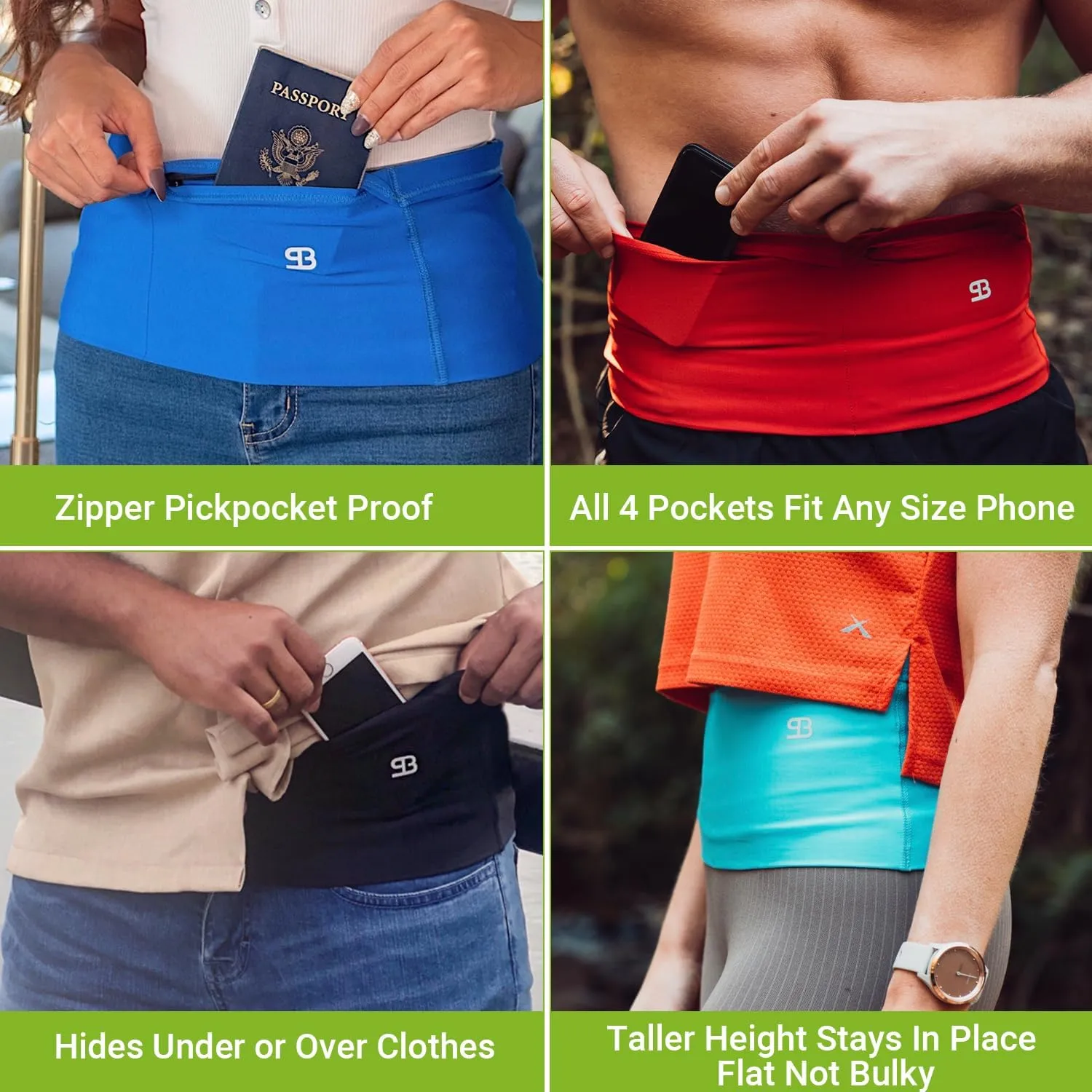 StashBandz Running Belt for Women & Men – Money Belt with 4 Large Secure Pockets (1 Zippered) | Fanny Pack & Phone Holder for Running, Travel, Hiking, and Workouts