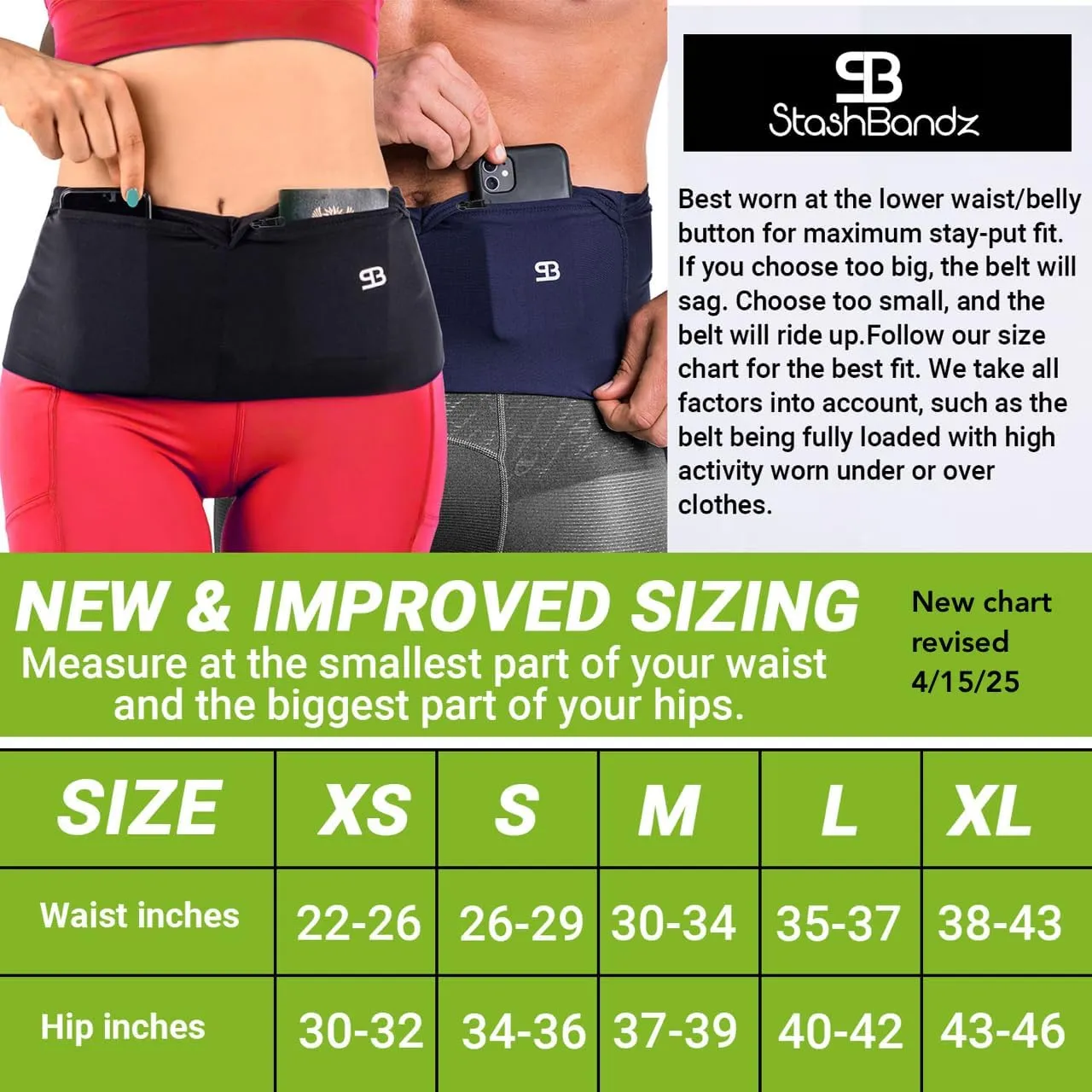 StashBandz Running Belt for Women & Men – Money Belt with 4 Large Secure Pockets (1 Zippered) | Fanny Pack & Phone Holder for Running, Travel, Hiking, and Workouts
