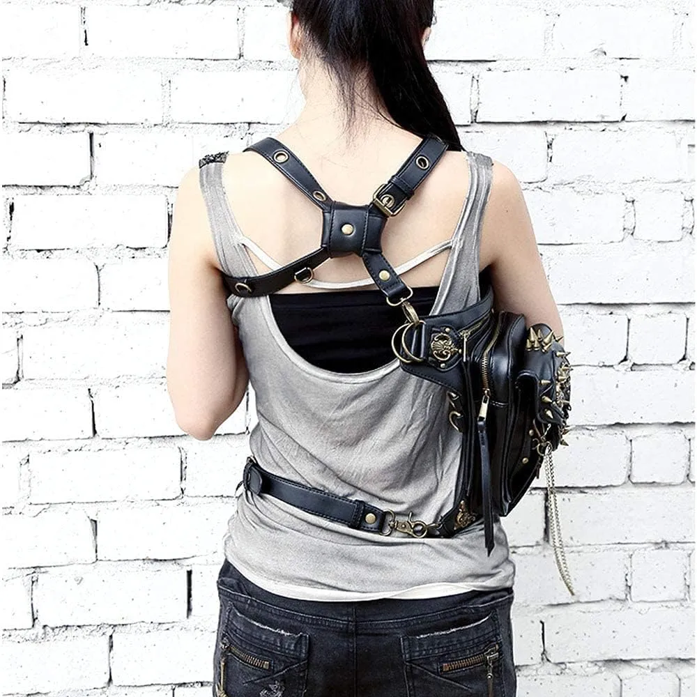 Steampunk Waist Bag Fanny Pack Thigh Holster Purse Gothic Leather Shoulder Crossbody Hiking Chain Messenger Bag