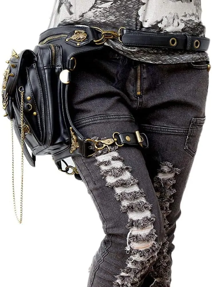 Steampunk Waist Bag Fanny Pack Thigh Holster Purse Gothic Leather Shoulder Crossbody Hiking Chain Messenger Bag