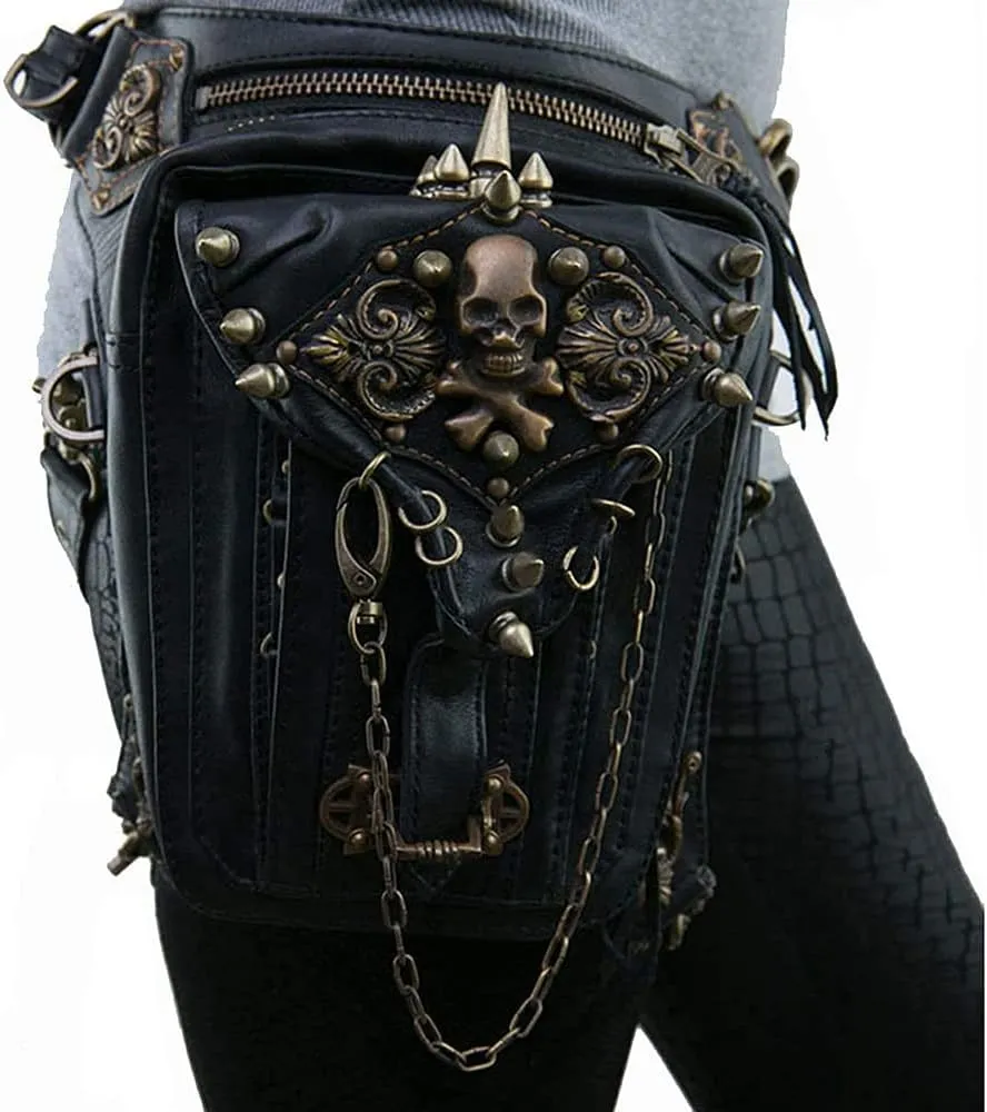 Steampunk Waist Bag Fanny Pack Thigh Holster Purse Gothic Leather Shoulder Crossbody Hiking Chain Messenger Bag