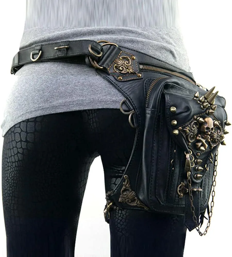 Steampunk Waist Bag Fanny Pack Thigh Holster Purse Gothic Leather Shoulder Crossbody Hiking Chain Messenger Bag