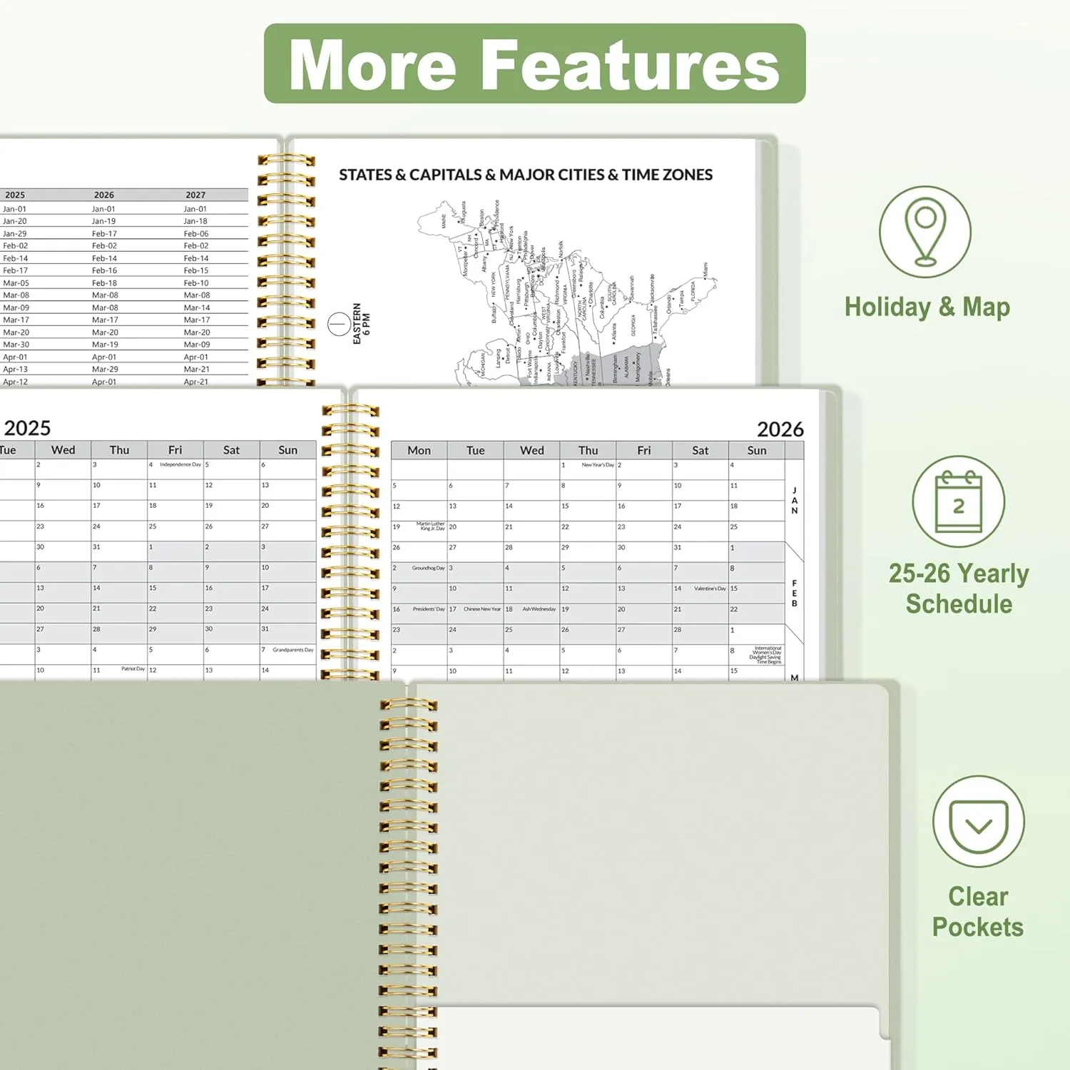 SUNEE Academic Planner 2025-2026 Weekly and Monthly, July 2025-June 2026, 6.4"x8.3", Tabs, Note Pages, Pockets, Bookmark, Flexible Cover, Spiral Binding, Sage Green