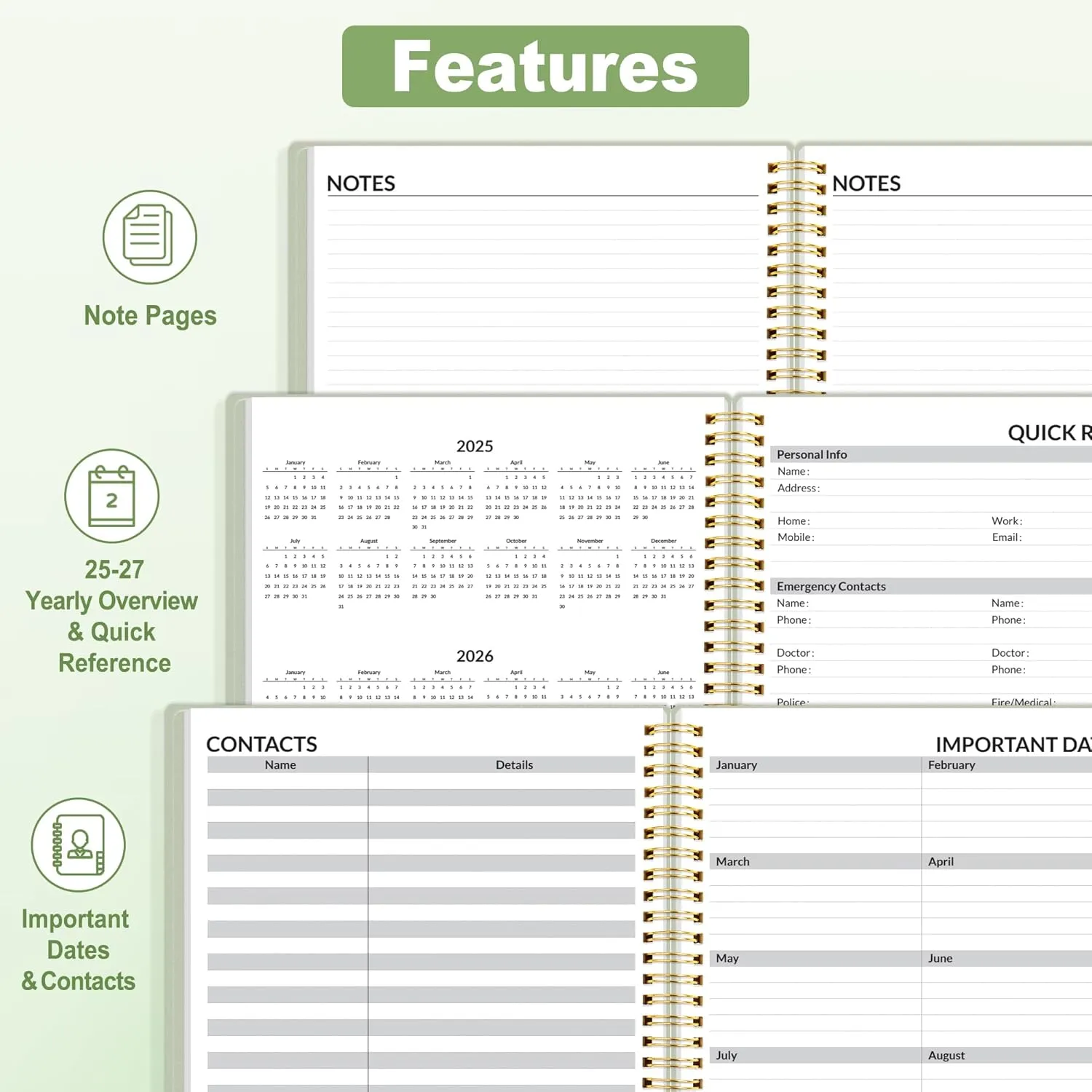 SUNEE Academic Planner 2025-2026 Weekly and Monthly, July 2025-June 2026, 6.4"x8.3", Tabs, Note Pages, Pockets, Bookmark, Flexible Cover, Spiral Binding, Sage Green