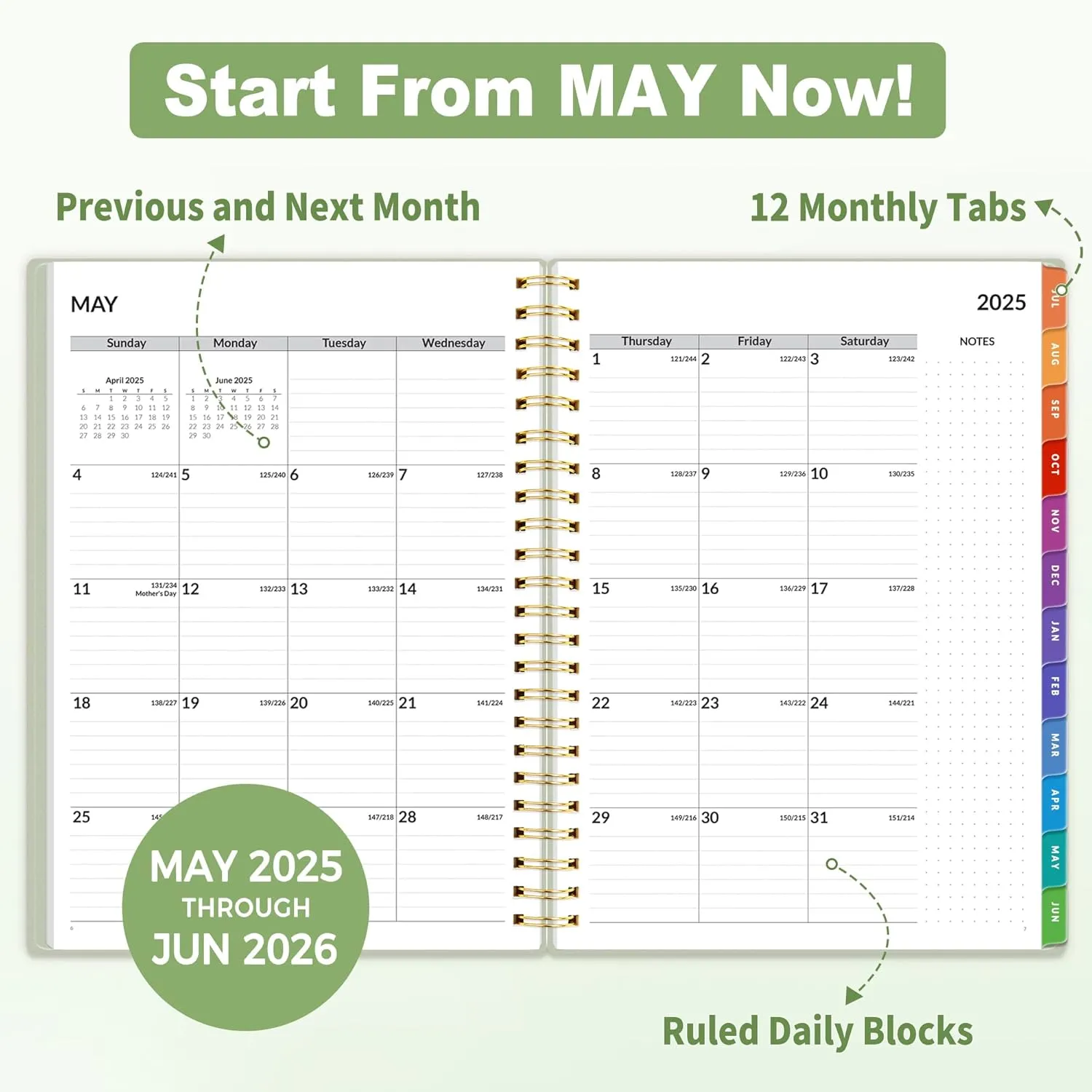 SUNEE Academic Planner 2025-2026 Weekly and Monthly, July 2025-June 2026, 6.4"x8.3", Tabs, Note Pages, Pockets, Bookmark, Flexible Cover, Spiral Binding, Sage Green