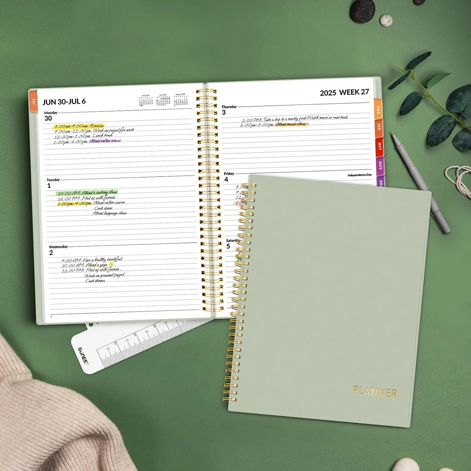 SUNEE Academic Planner 2025-2026 Weekly and Monthly, July 2025-June 2026, 6.4"x8.3", Tabs, Note Pages, Pockets, Bookmark, Flexible Cover, Spiral Binding, Sage Green