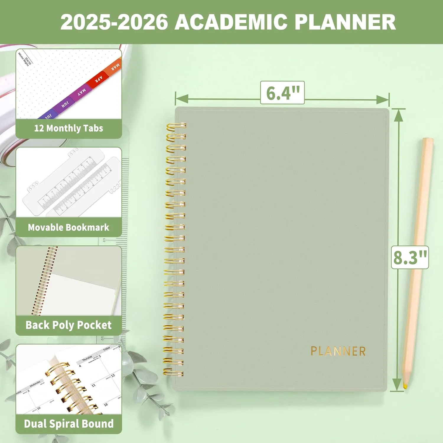 SUNEE Academic Planner 2025-2026 Weekly and Monthly, July 2025-June 2026, 6.4"x8.3", Tabs, Note Pages, Pockets, Bookmark, Flexible Cover, Spiral Binding, Sage Green