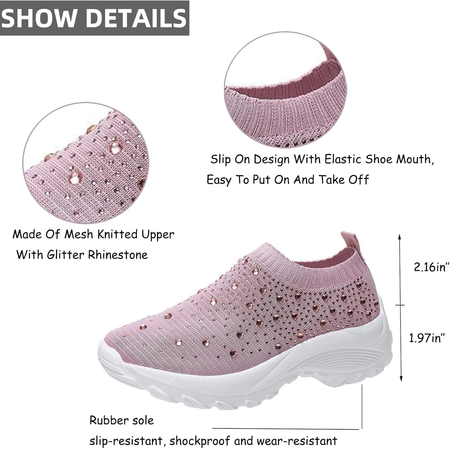 Tokouk Women's Rhinestones Glitter Knitted Mesh Orthopedic Sock Sneakers,Comfortable Breathable Slip On Arch Support Walking Shoes Ultra-Light Non-Slip Loafers.