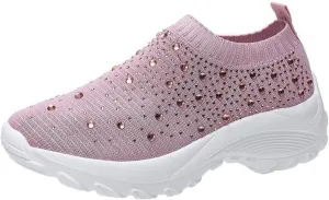 Tokouk Women's Rhinestones Glitter Knitted Mesh Orthopedic Sock Sneakers,Comfortable Breathable Slip On Arch Support Walking Shoes Ultra-Light Non-Slip Loafers.