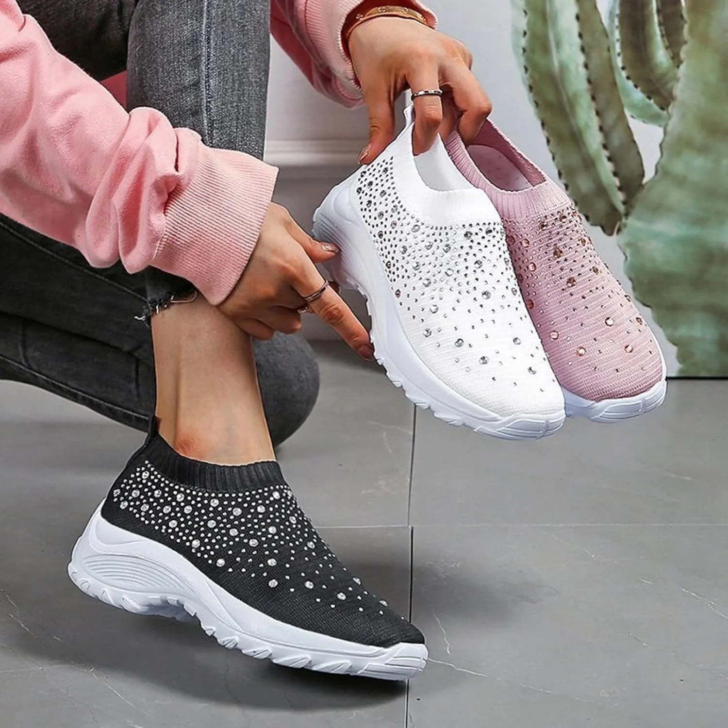 Tokouk Women's Rhinestones Glitter Knitted Mesh Orthopedic Sock Sneakers,Comfortable Breathable Slip On Arch Support Walking Shoes Ultra-Light Non-Slip Loafers.