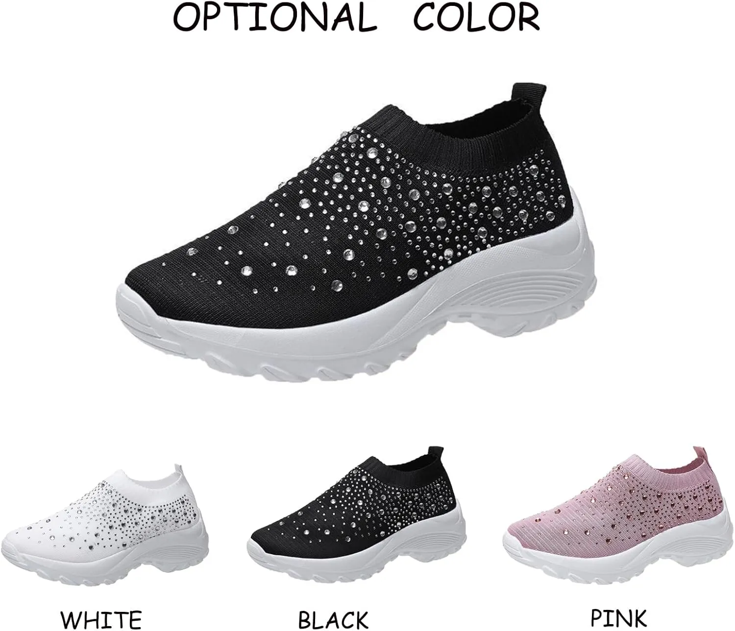 Tokouk Women's Rhinestones Glitter Knitted Mesh Orthopedic Sock Sneakers,Comfortable Breathable Slip On Arch Support Walking Shoes Ultra-Light Non-Slip Loafers.