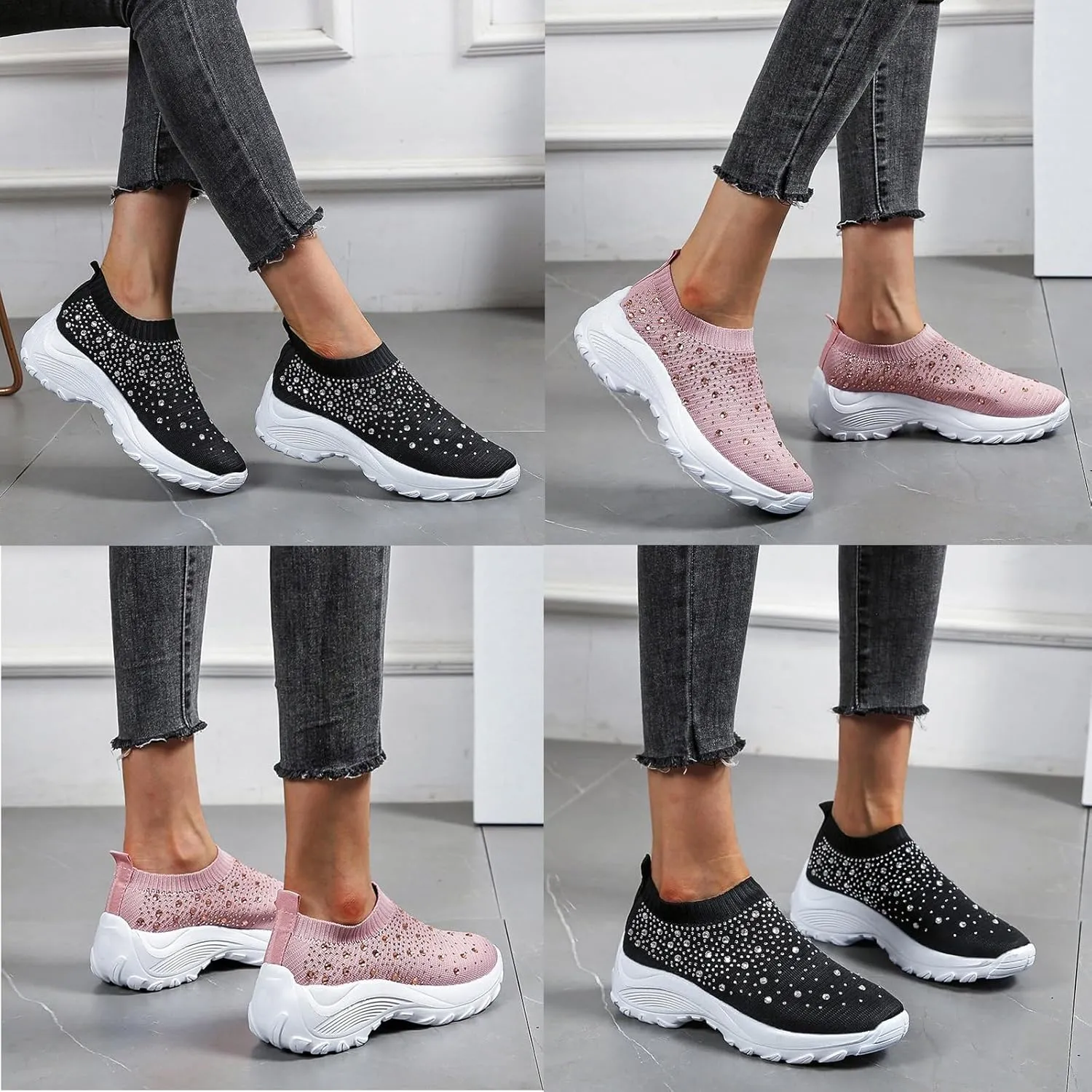 Tokouk Women's Rhinestones Glitter Knitted Mesh Orthopedic Sock Sneakers,Comfortable Breathable Slip On Arch Support Walking Shoes Ultra-Light Non-Slip Loafers.