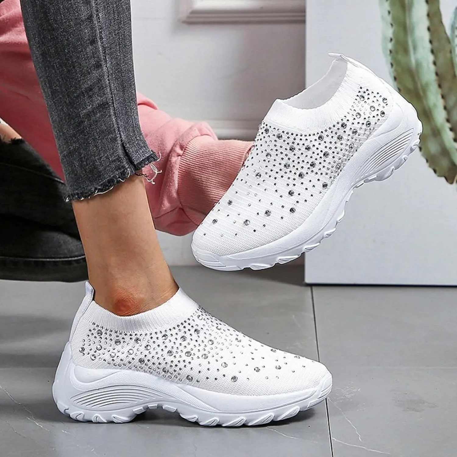 Tokouk Women's Rhinestones Glitter Knitted Mesh Orthopedic Sock Sneakers,Comfortable Breathable Slip On Arch Support Walking Shoes Ultra-Light Non-Slip Loafers.