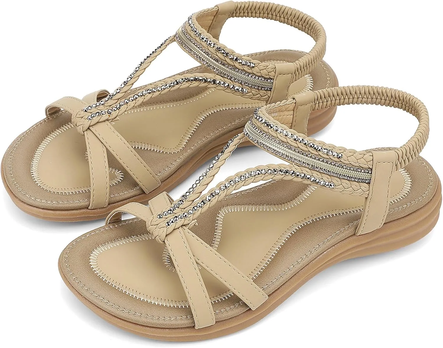 UBFEN Womens Bohemian Flat Sandals With Back Strap Summer Beach Comfortable Bling